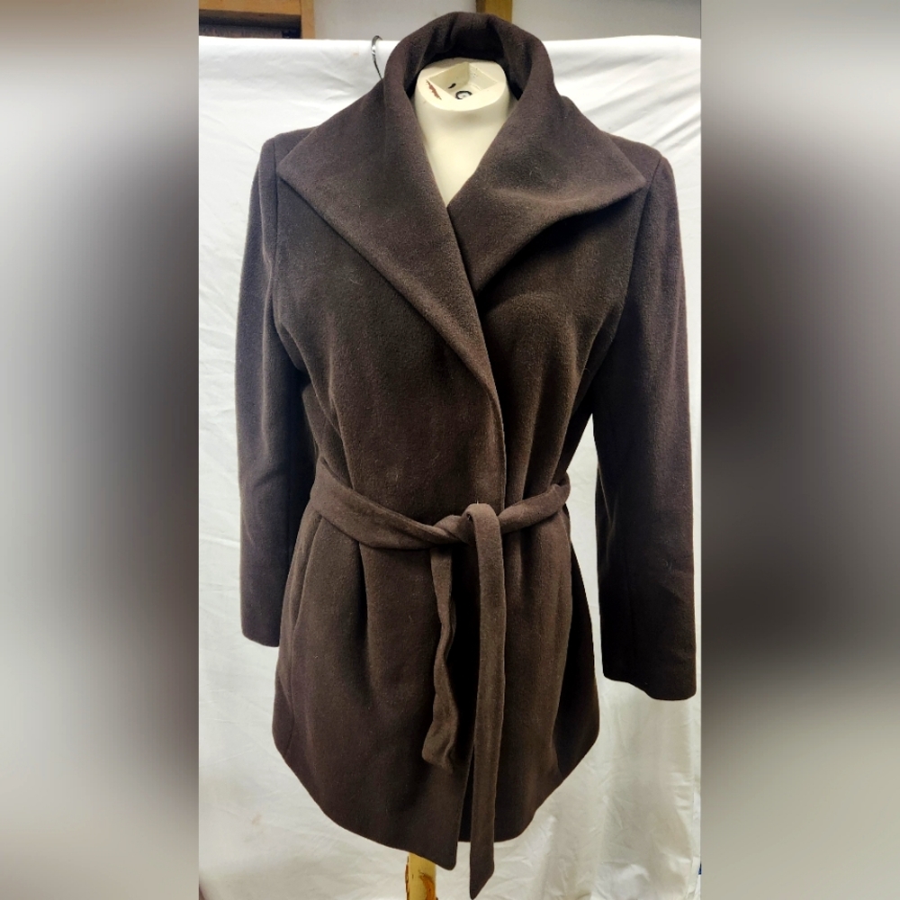 Calvin Klein Belted Wool/Angora Blend Brown Lined Long Sleeve Button up Jacket
